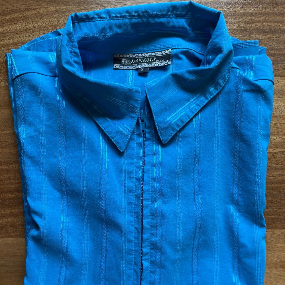 Daniali women’s XL aqua teal L/S zip-front shimmery striped blouse top - Picture 16 of 16